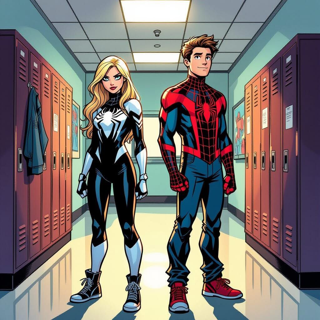 Ghost-Spider and Peter Parker Back to Back Comic Art