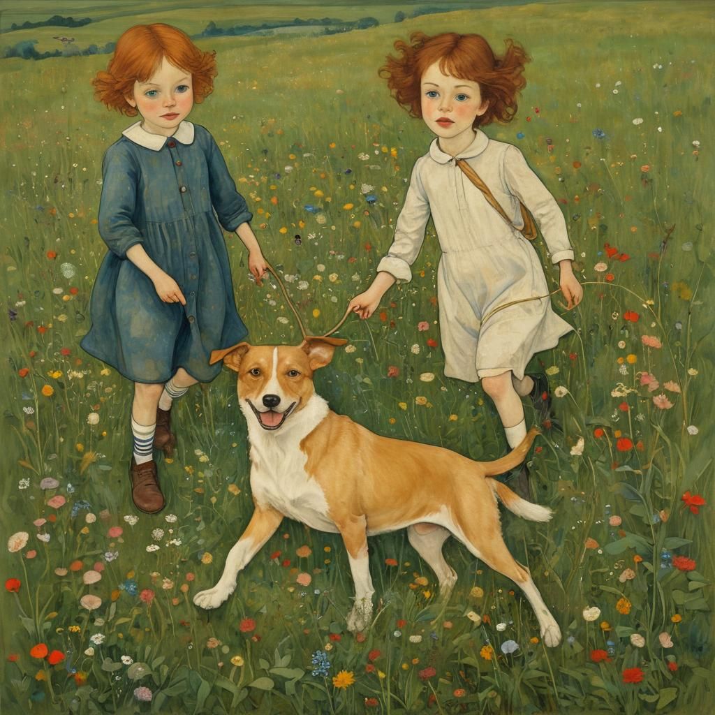 Siblings Play in Meadow: An Expressionist Scene