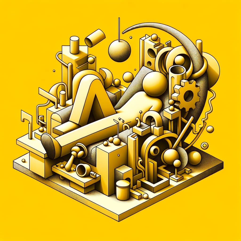 Surreal Yellow Sculpture of Laziness with Optical Illusion