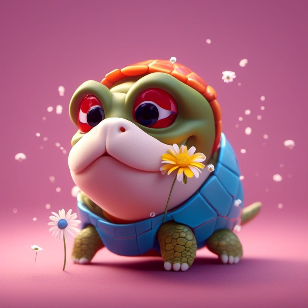 Red-Eared Slider Turtle with Daisy: 3D Digital Art