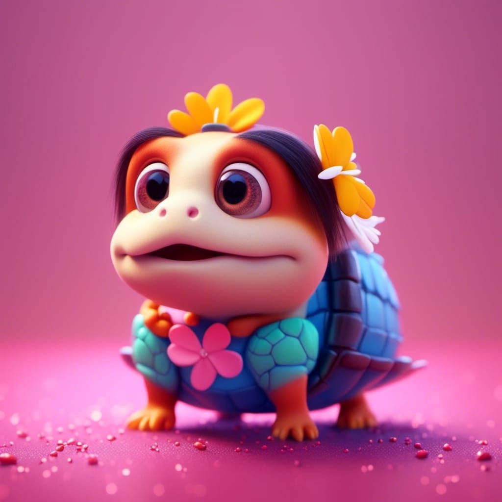 Red-Eared Slider Turtle with Daisy: Pixar-Style 3D Art