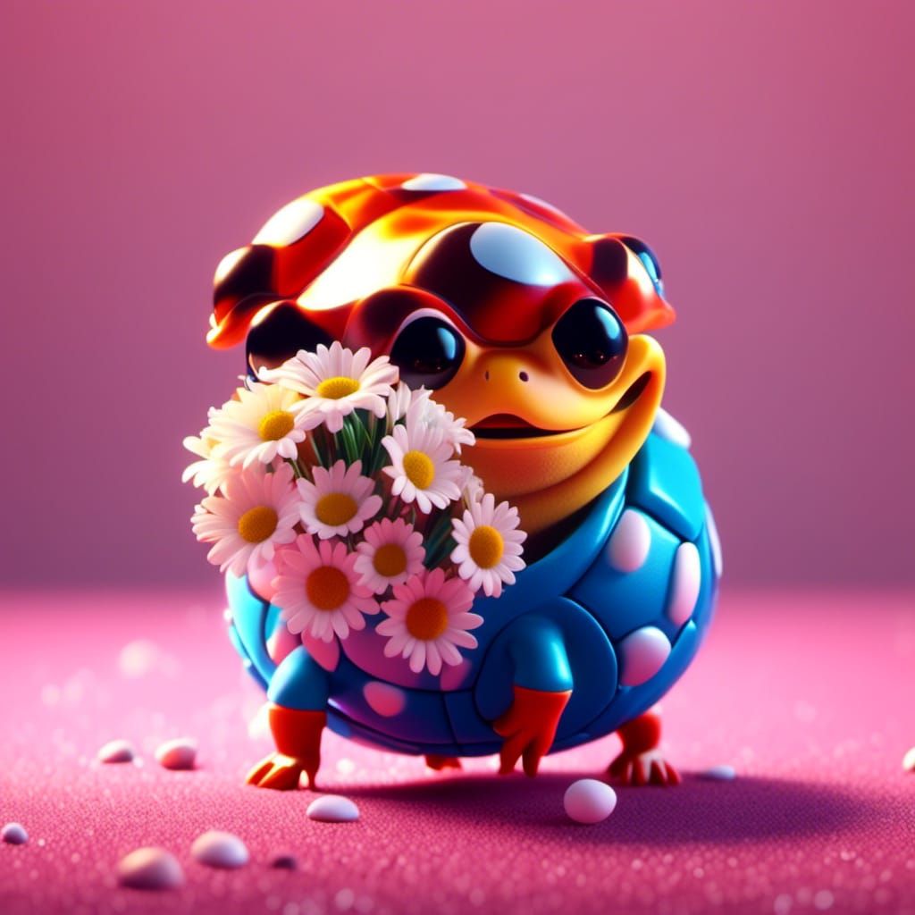 Red-Eared Slider Turtle with Daisy: Pixar-Style 3D Art