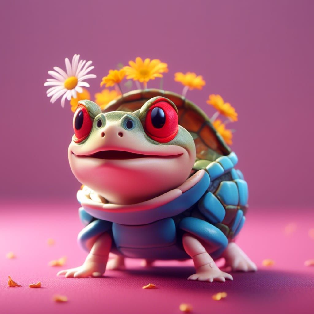 Red-Eared Slider Turtle with Daisy, 3D Digital Art