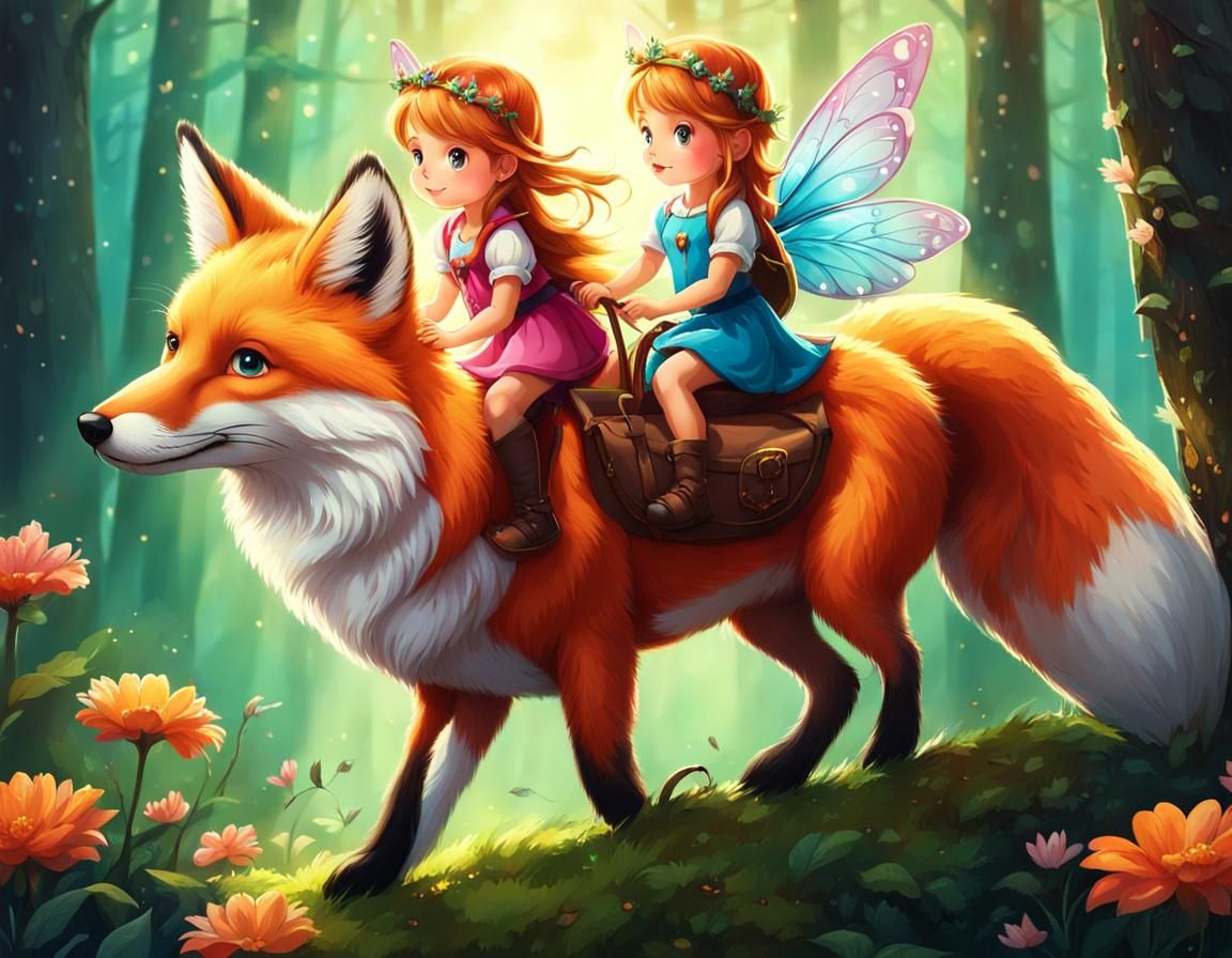 Fairies Ride a Fox Through Enchanted Forest