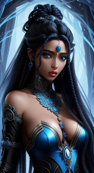 tentacles, hair, black wings, ancient being, female, fantasy race, magical, delicate, hyper-detailed, blue race