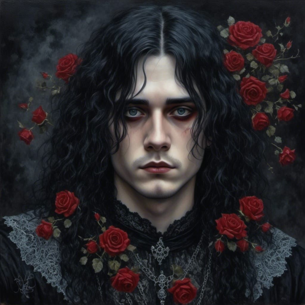 Romantic Goth Man with Roses in Victorian Style