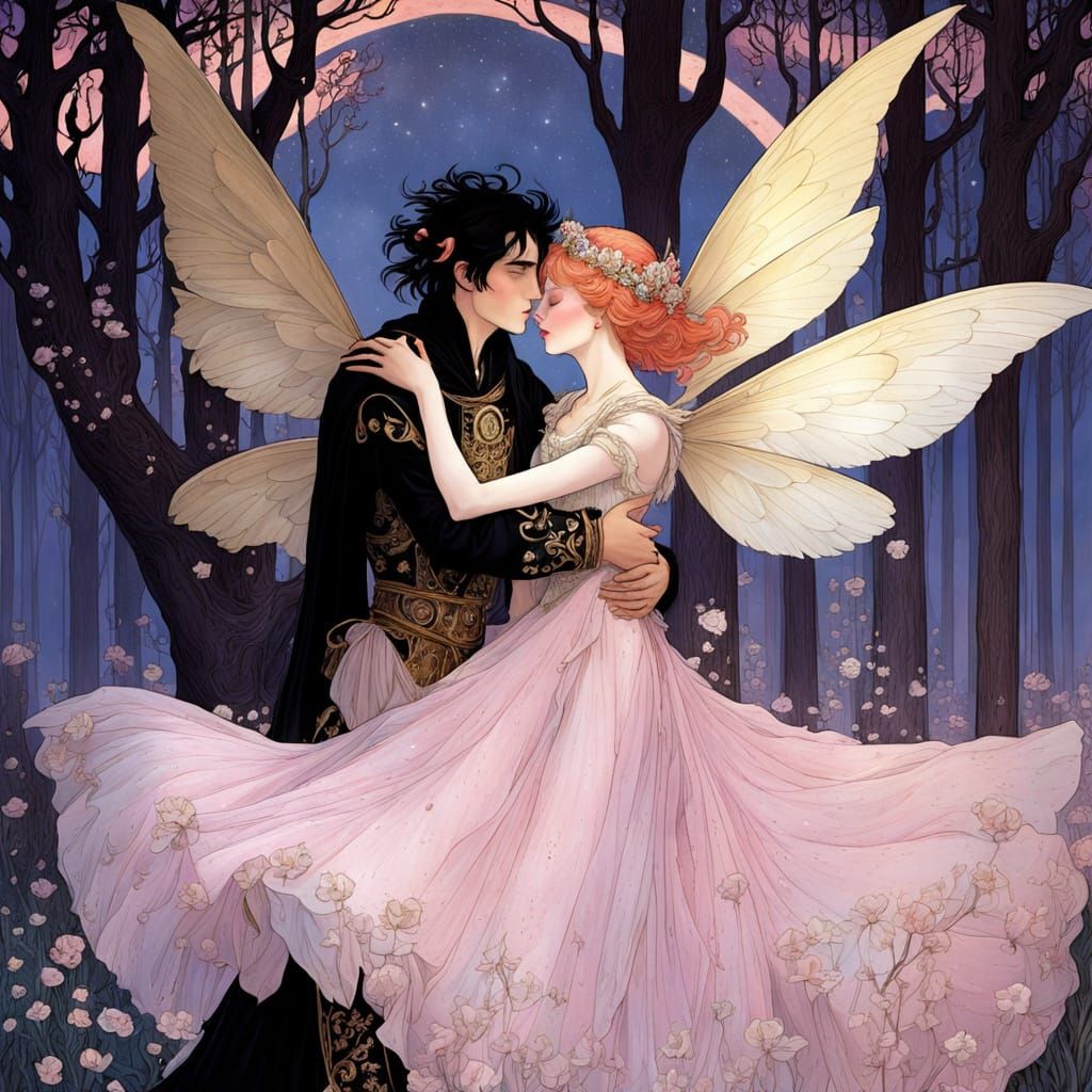 Dark Fae Royalty Embracing in Ethereal Matte Painting