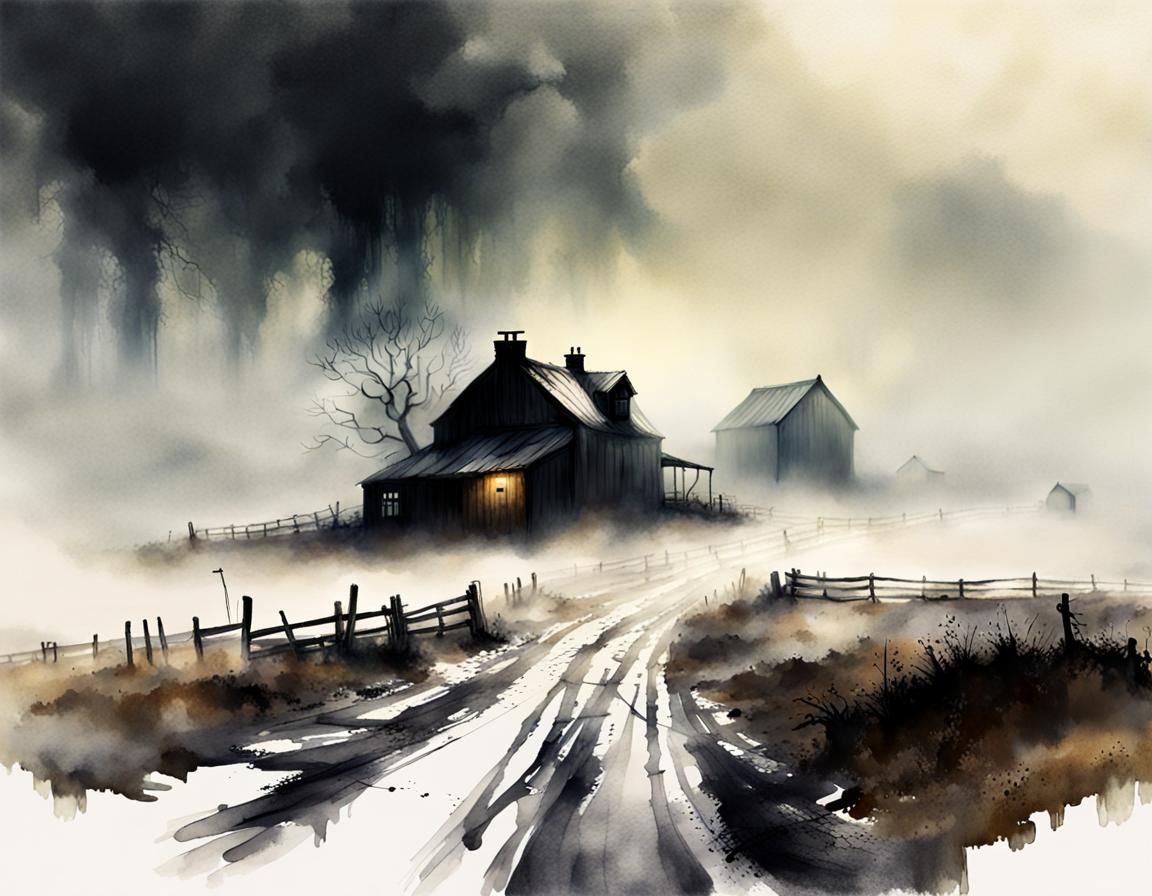 Creepy Farm in Fog: A Sinister Horror Scene