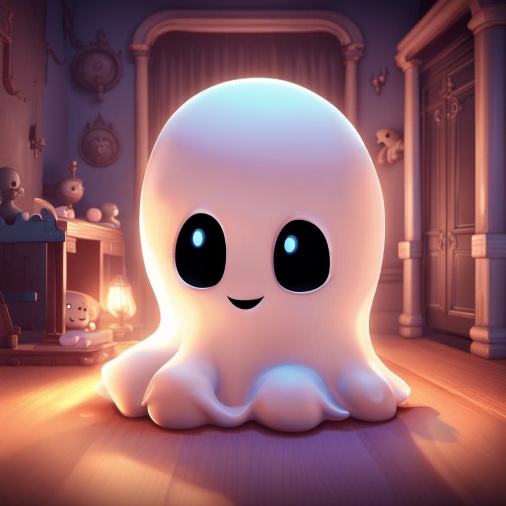 Adorable Chibi Ghost in Gothic Bedroom: 3D Digital Art
