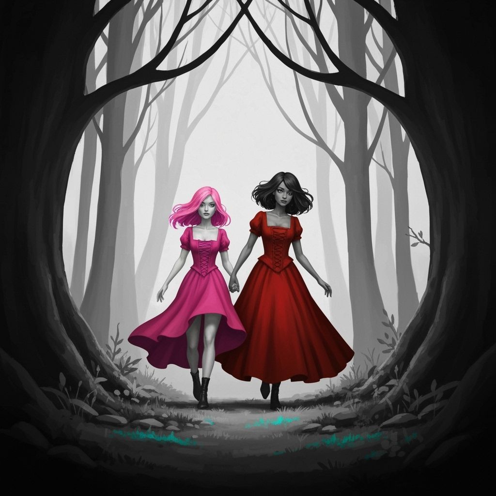Two Women Walking in a Red Forest in Black and White Style