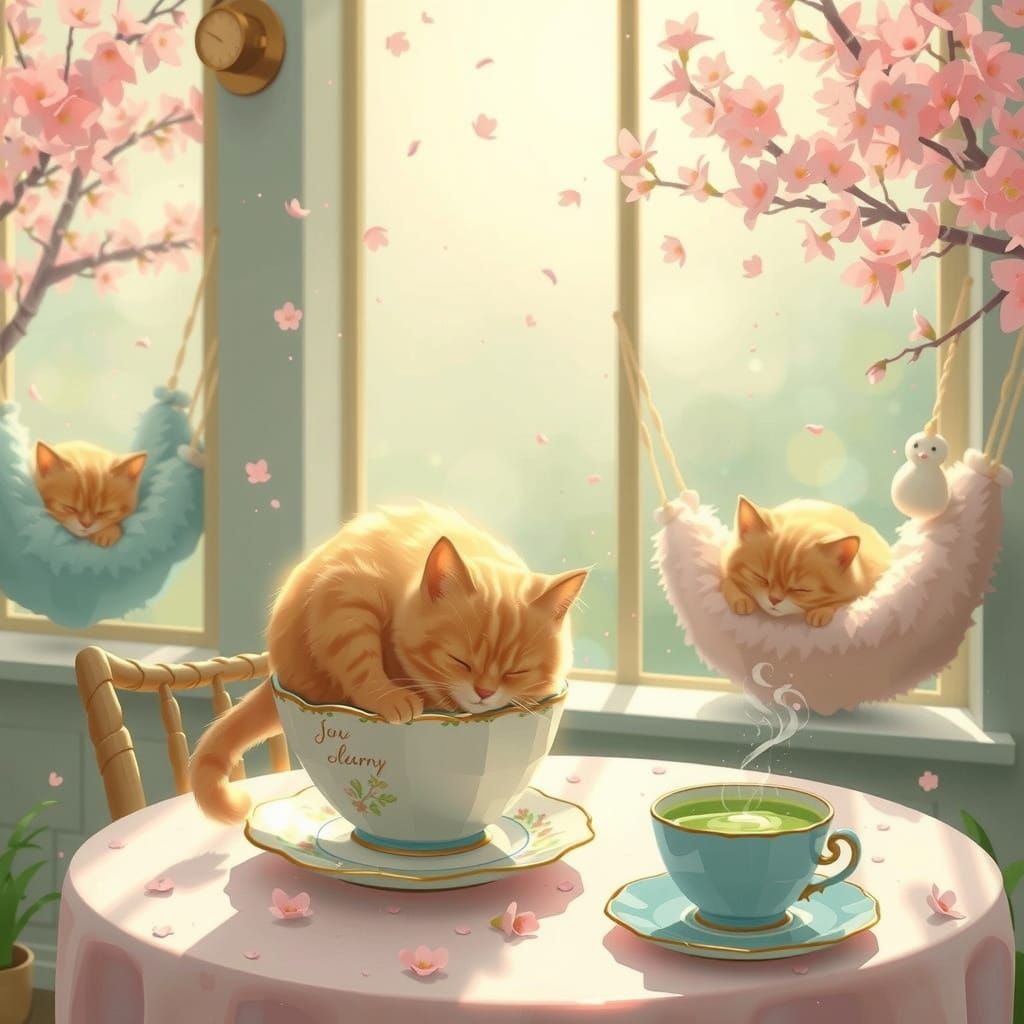Cat Cafe with Cherry Blossoms, Impressionist Style
