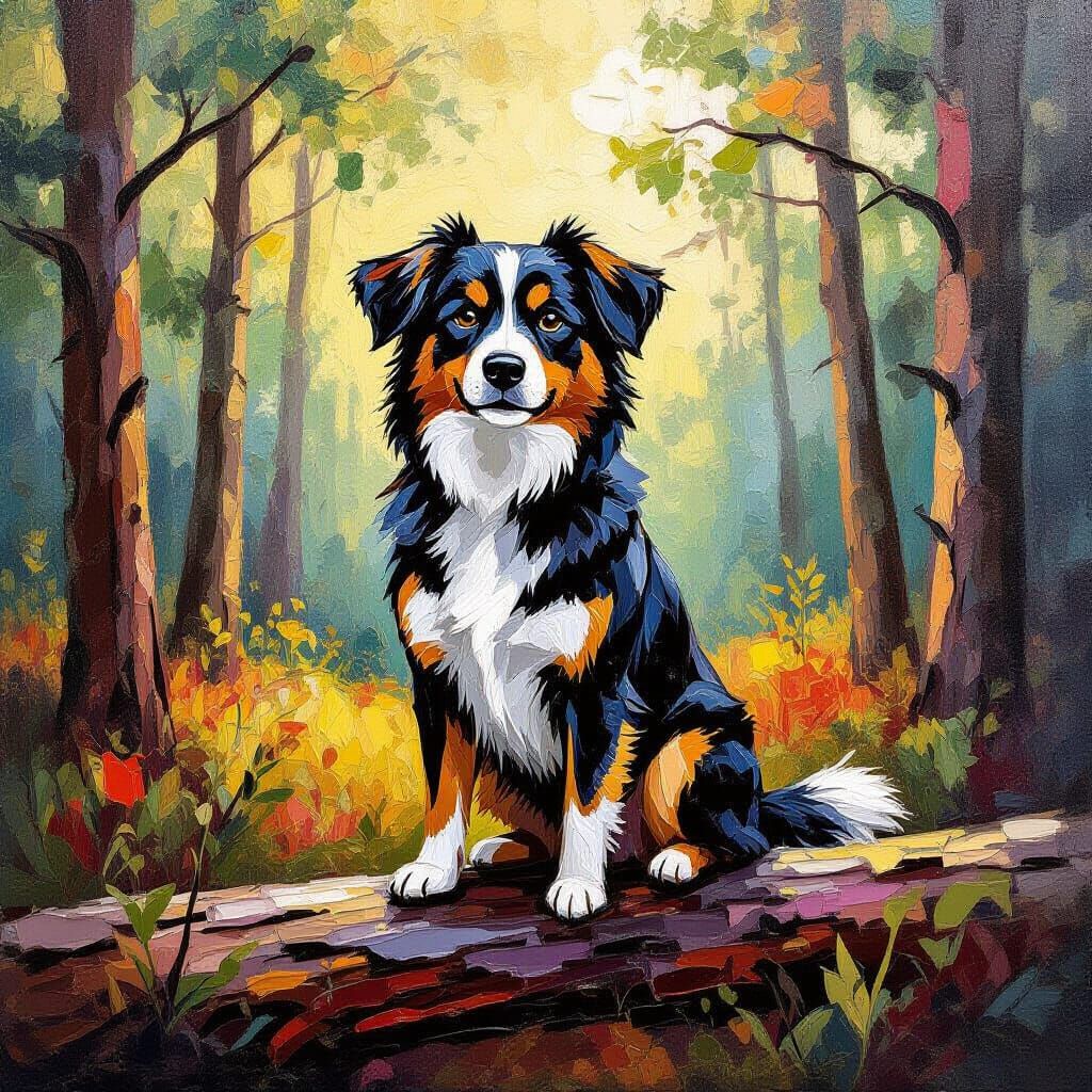 Dog on Log in Forest - Neo-Impressionist Oil Painting