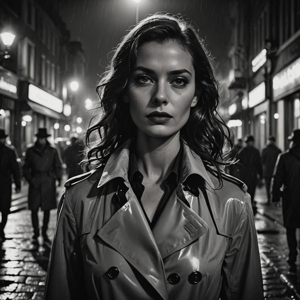 Mysterious Woman in City Street, Film Noir Style