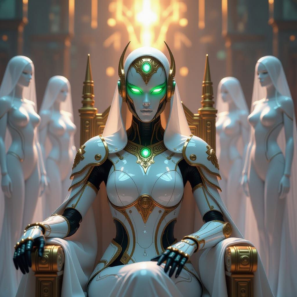 Cybernetic Empress on Data Throne in Biomechanical Style