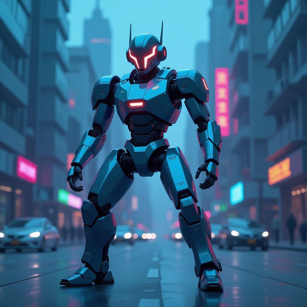 Futuristic Robot Posing in Neon Sci-Fi Landscape