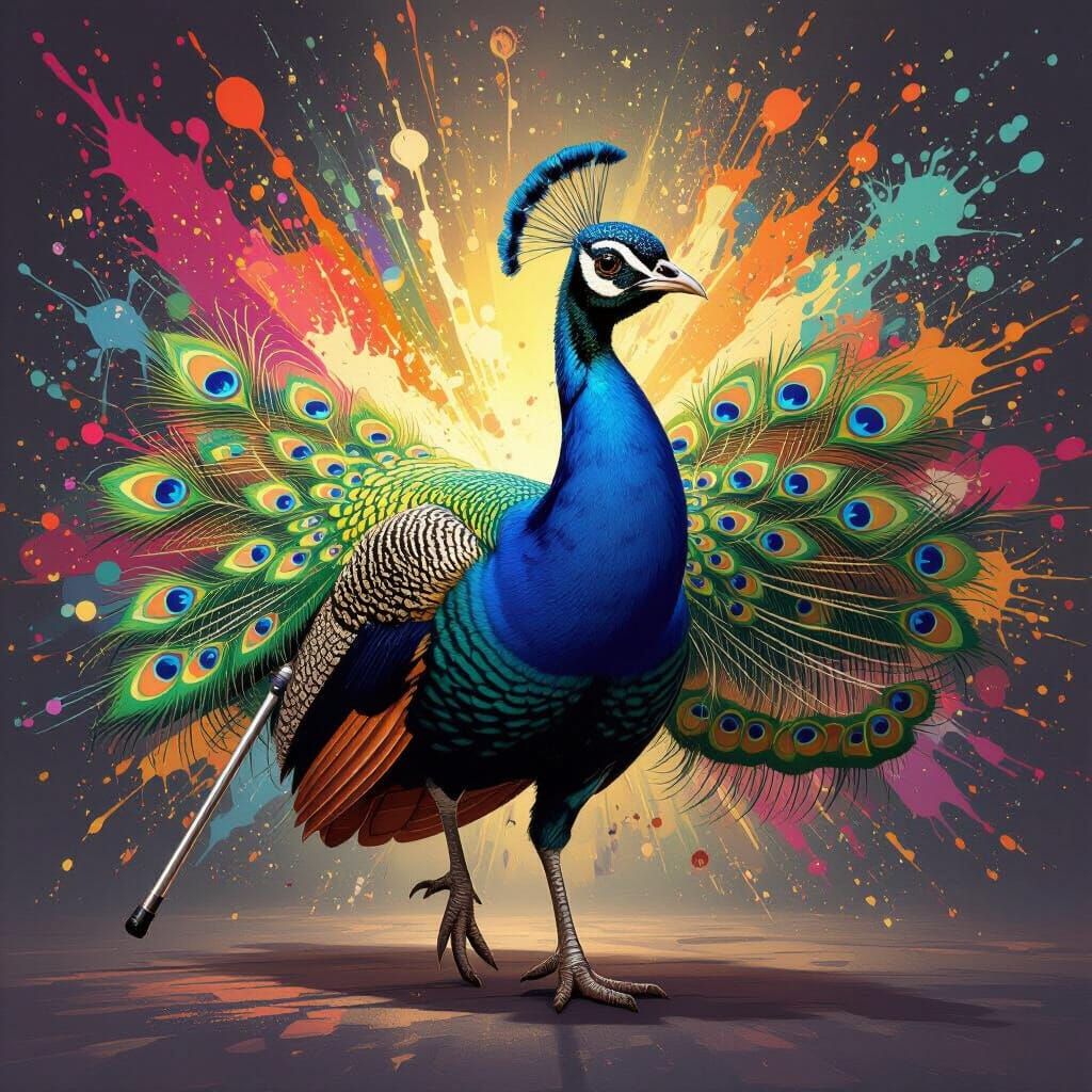 Proud Peacock with Monocle and Cane in Splash Art Style