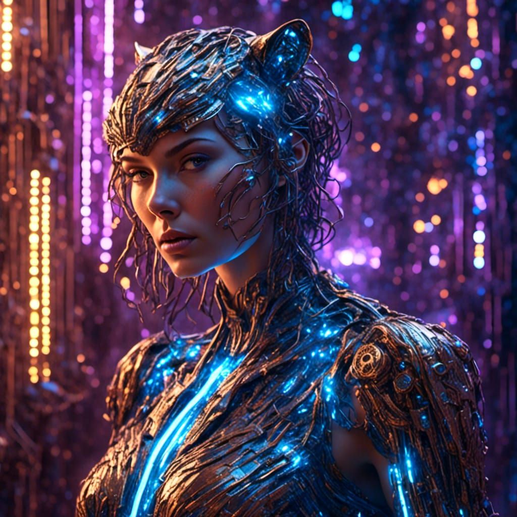 Bionic Tiger Woman Portrait in Futuristic Lab