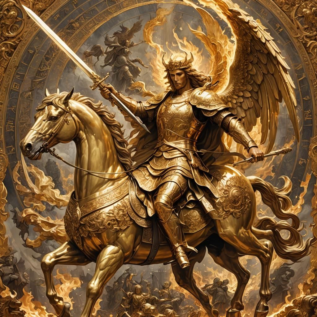 Golden Angel of Fire Riding a Golden Horse