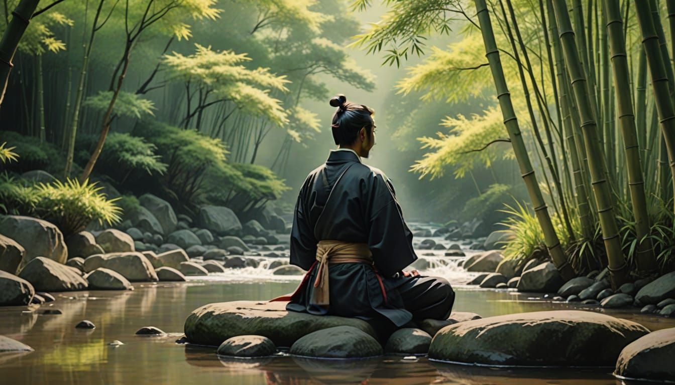 Samurai Meditation in Bamboo Forest: Japanese Watercolor Art