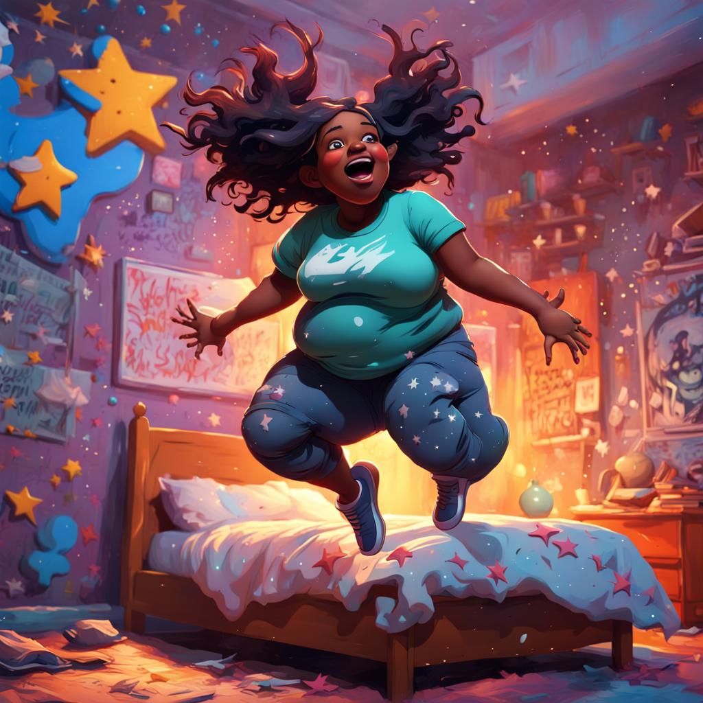 Girl Jumping on Bed in Graffiti Splash Art Style