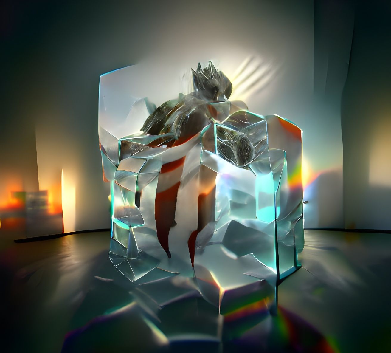 Glass Ice Cube Sculpture with Caustic Reflections