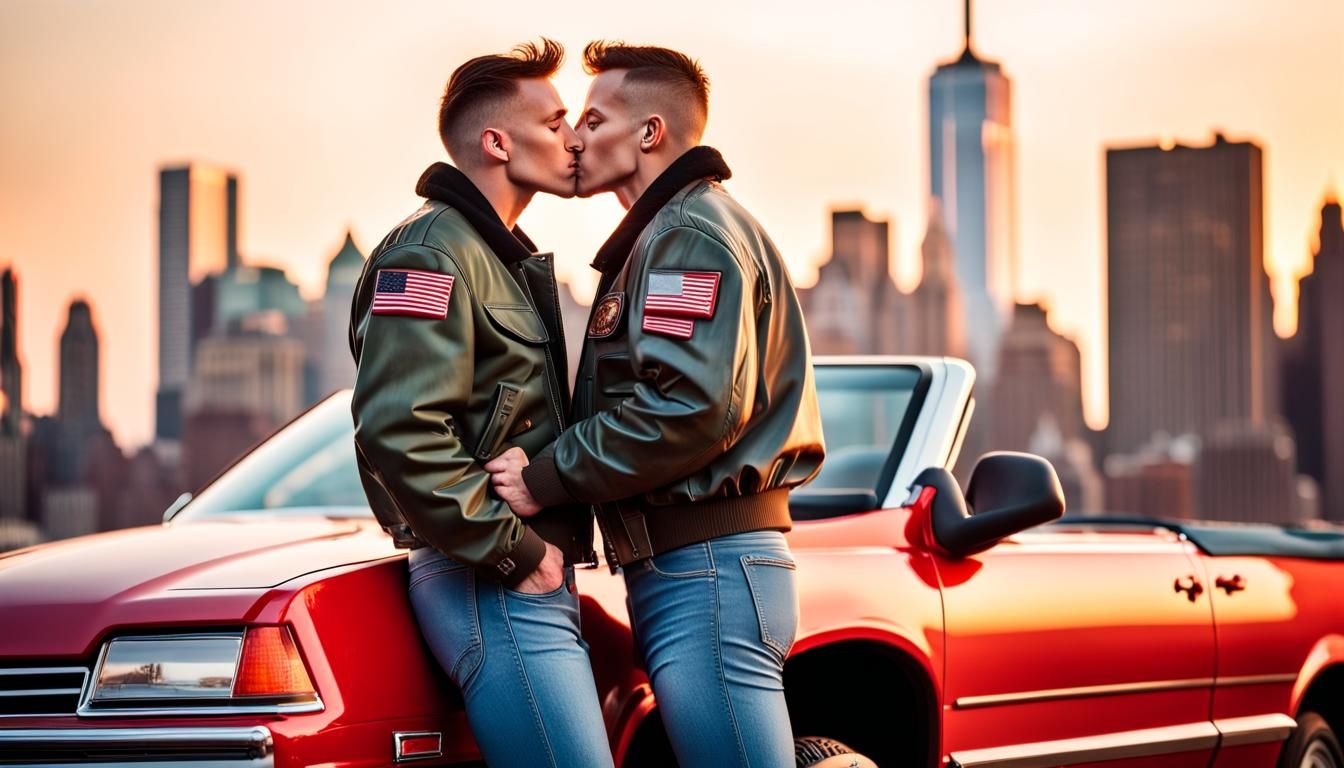 Two muscular gay men with flight jackets kissing