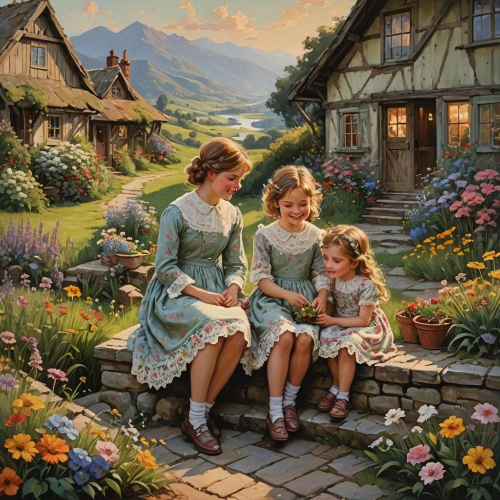 Girls in Garden: A James Gurney-Style Oil Painting