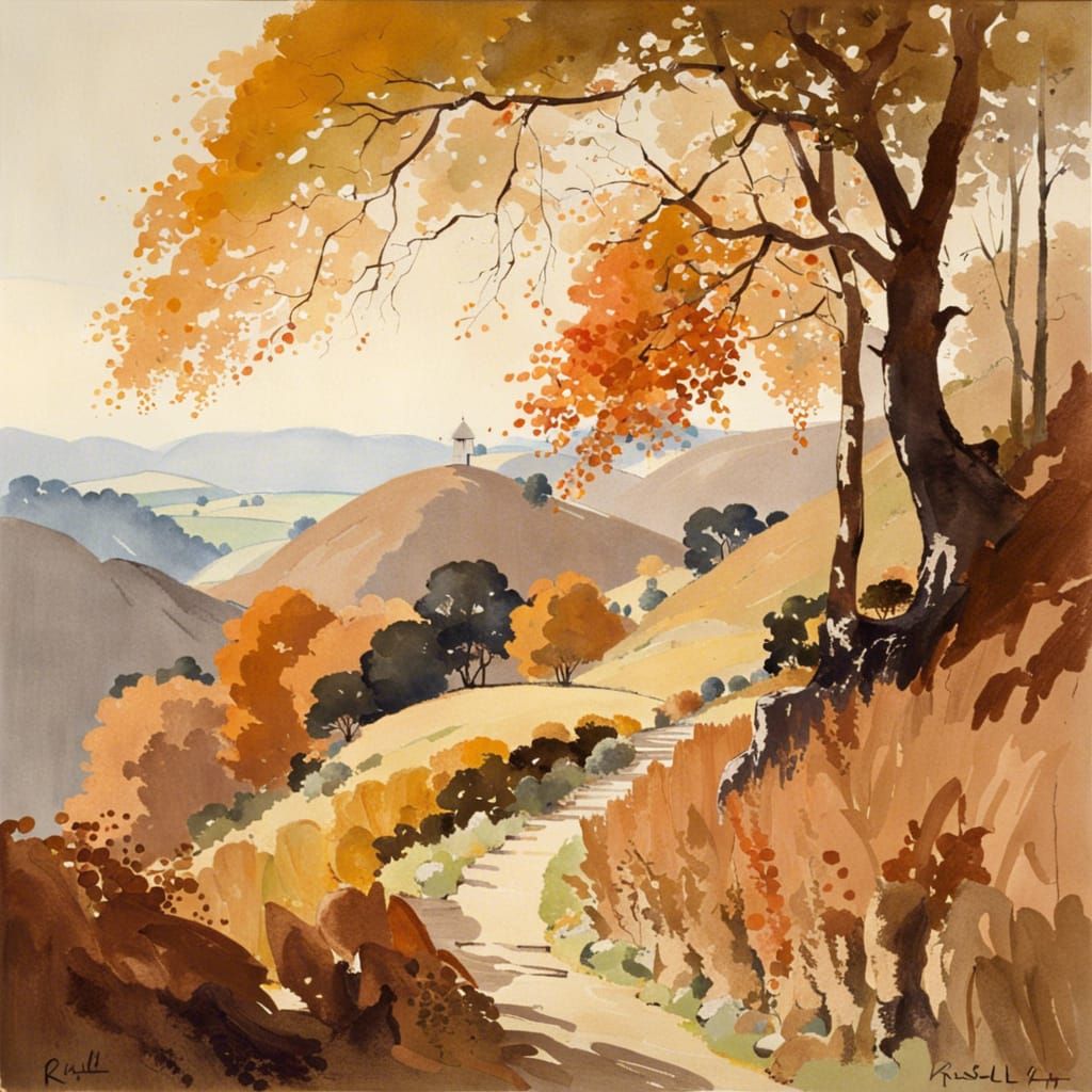 Autumnal Hills, Impressionistic Watercolor Painting