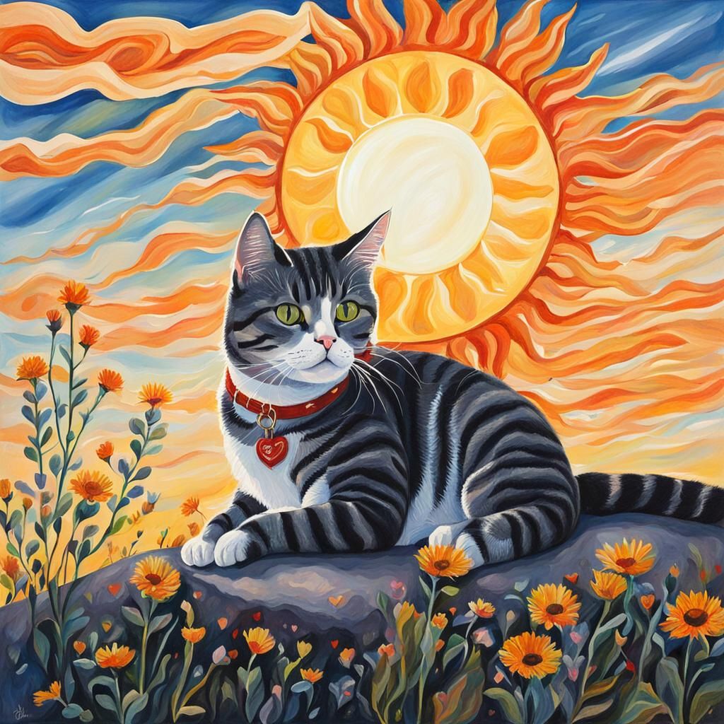 Gouache Painting of a Cat Under the Sun