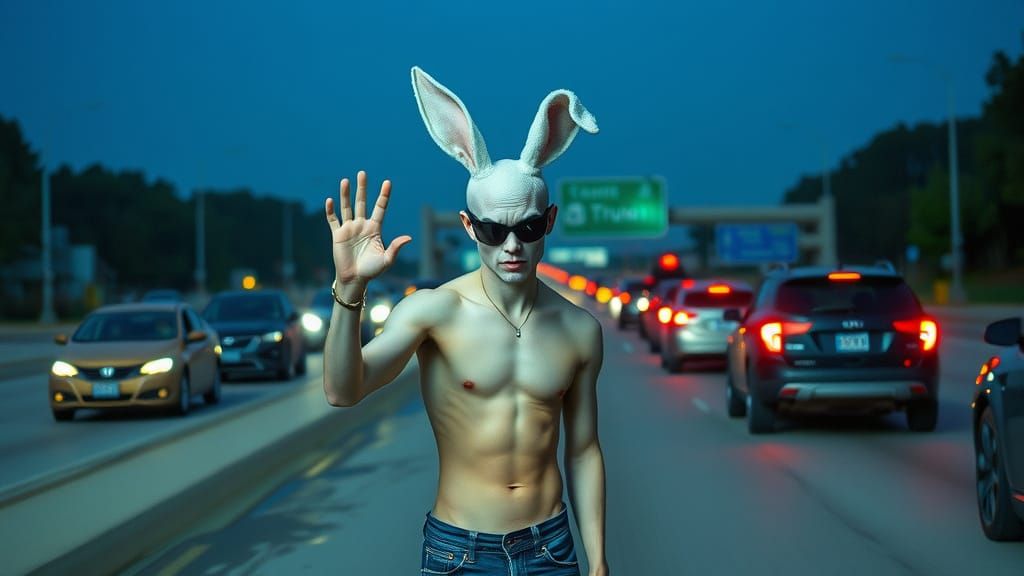 Retro Punk Skinhead Waves Down Vehicles in the Middle of the...