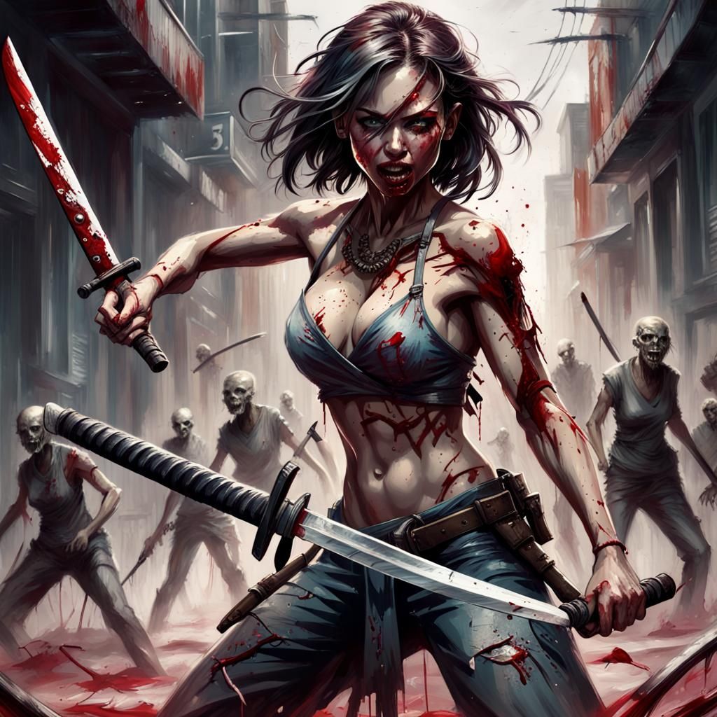 Post-Apocalyptic Woman Slaying Zombies in Impasto Painting