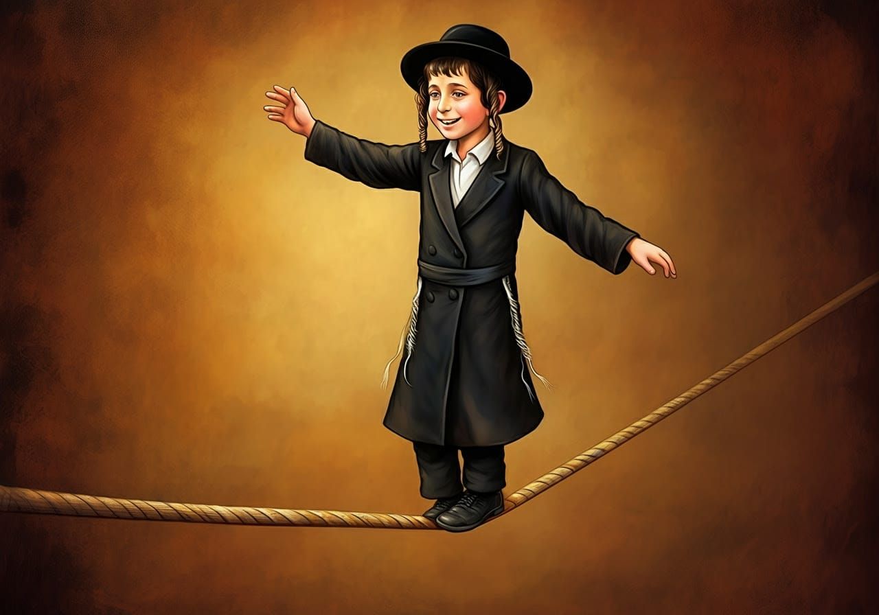 Joyful Hasidic Youth on Tightrope in Impressionist Style