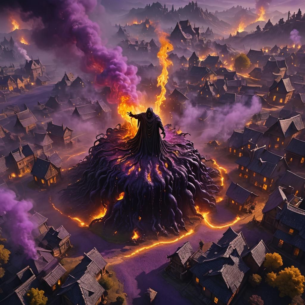 Black Slime Monster Attacking Village in Dark Fantasy