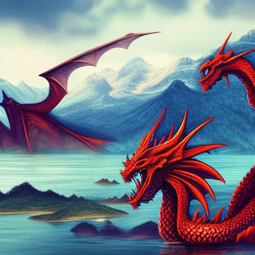 Red and White Dragons Over Fantasy Landscape