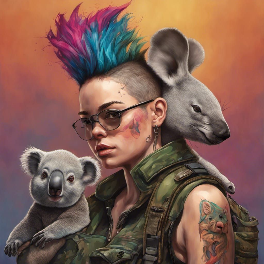 Hyperrealistic Punk Girl with Koala in Splash Art