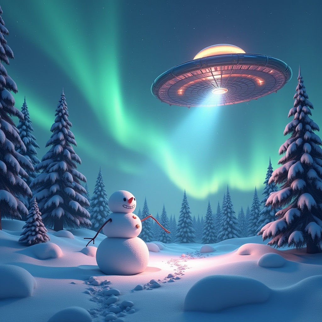 Snowman Abduction by UFO Under Aurora Lights