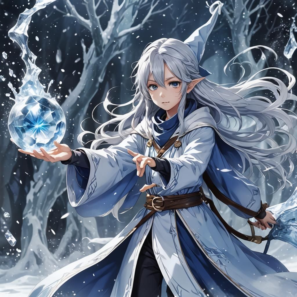 Ice Wizard Casting Spell in Anime Style