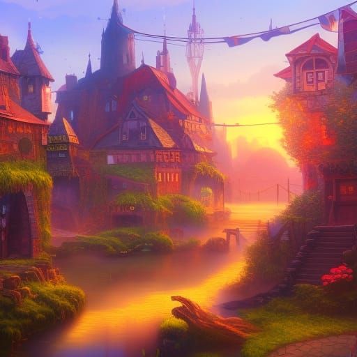 Fairy Town Sunrise: Detailed Matte Painting