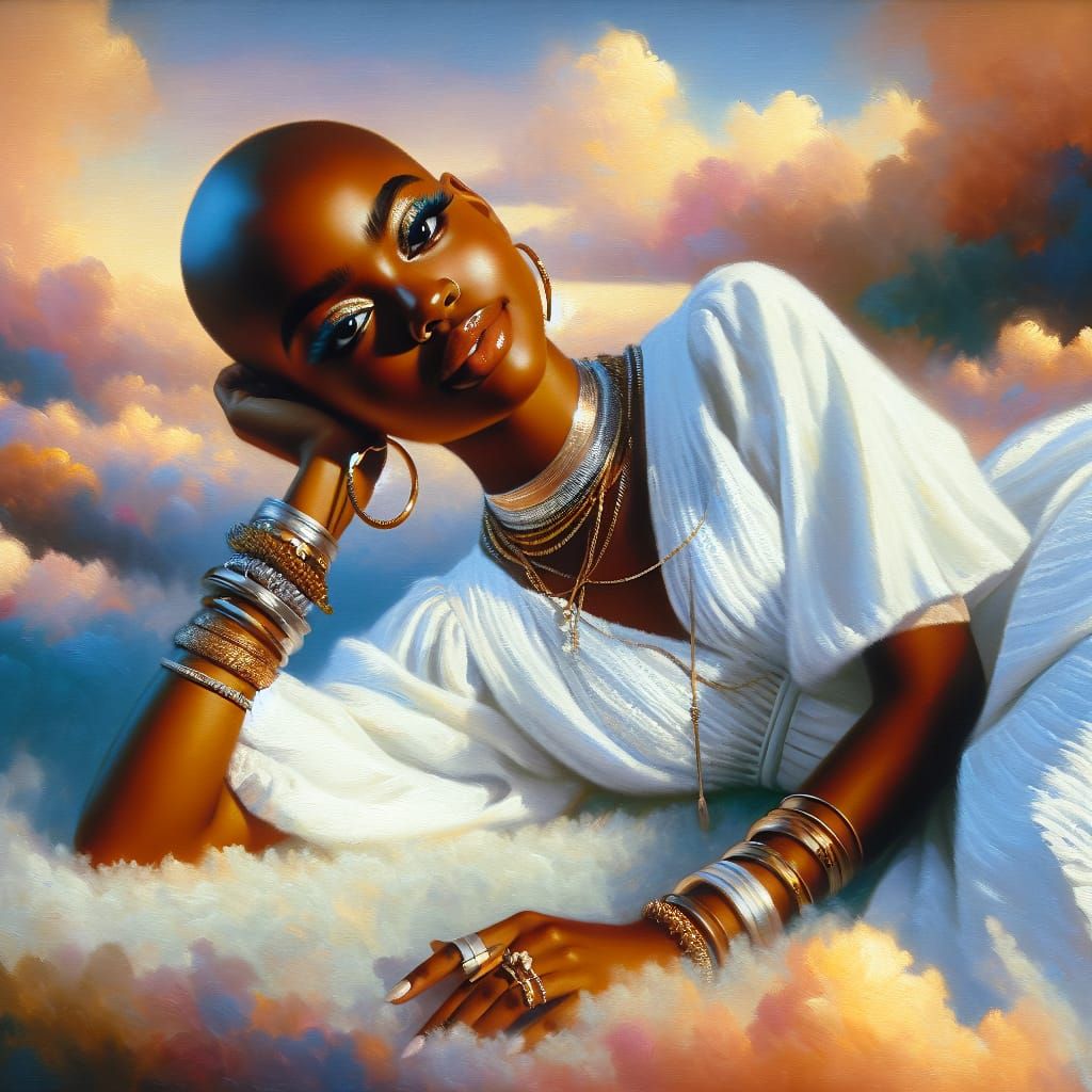 Dreamlike Oil Painting: Caramel Woman Floating on Cloud