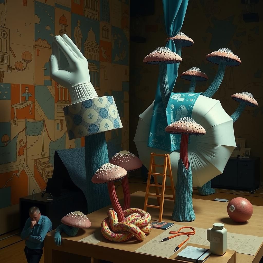 Surreal Mushroom Bureaucracy in Pop Art Style