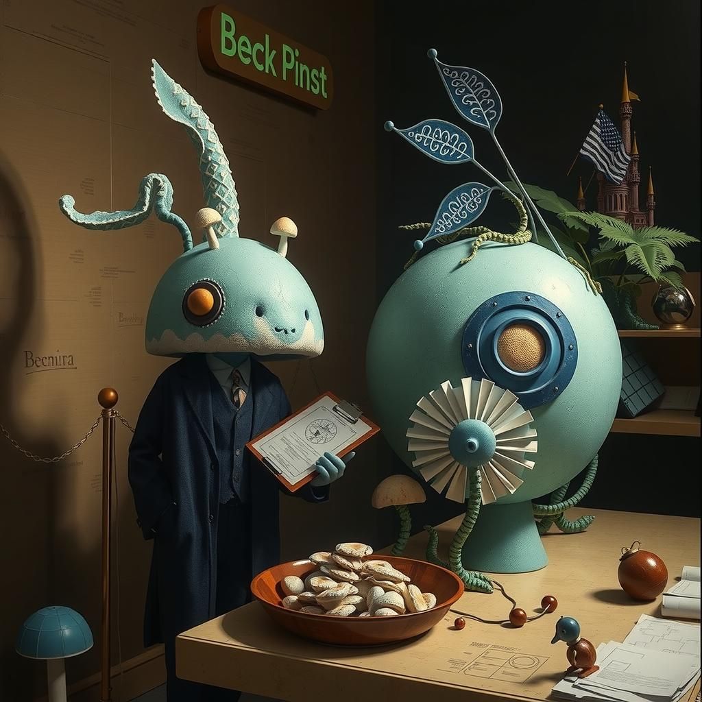 Bureaucratic Mushroom Character in Whimsical Landscape