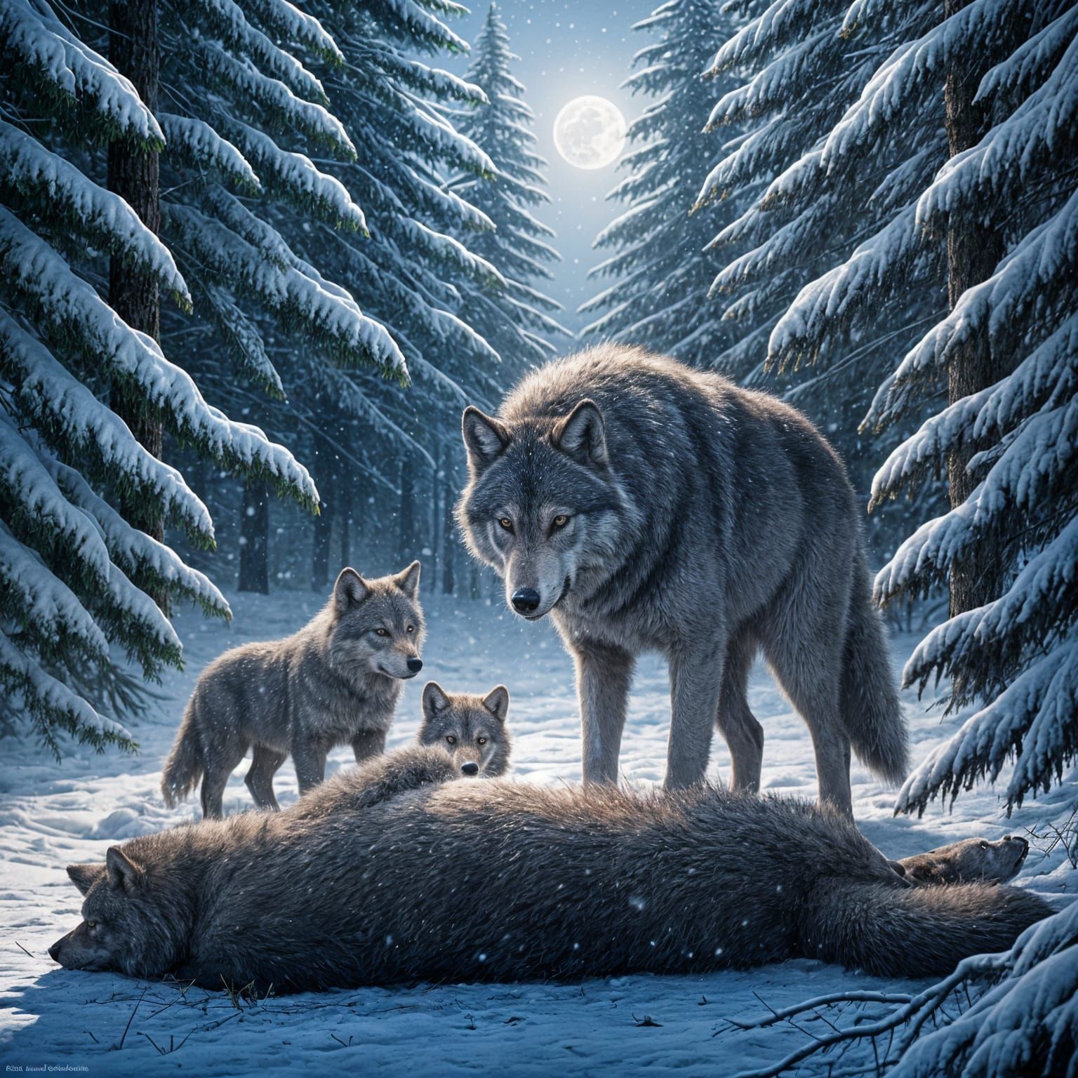 Wolf Family Scene Under a Full Moon
