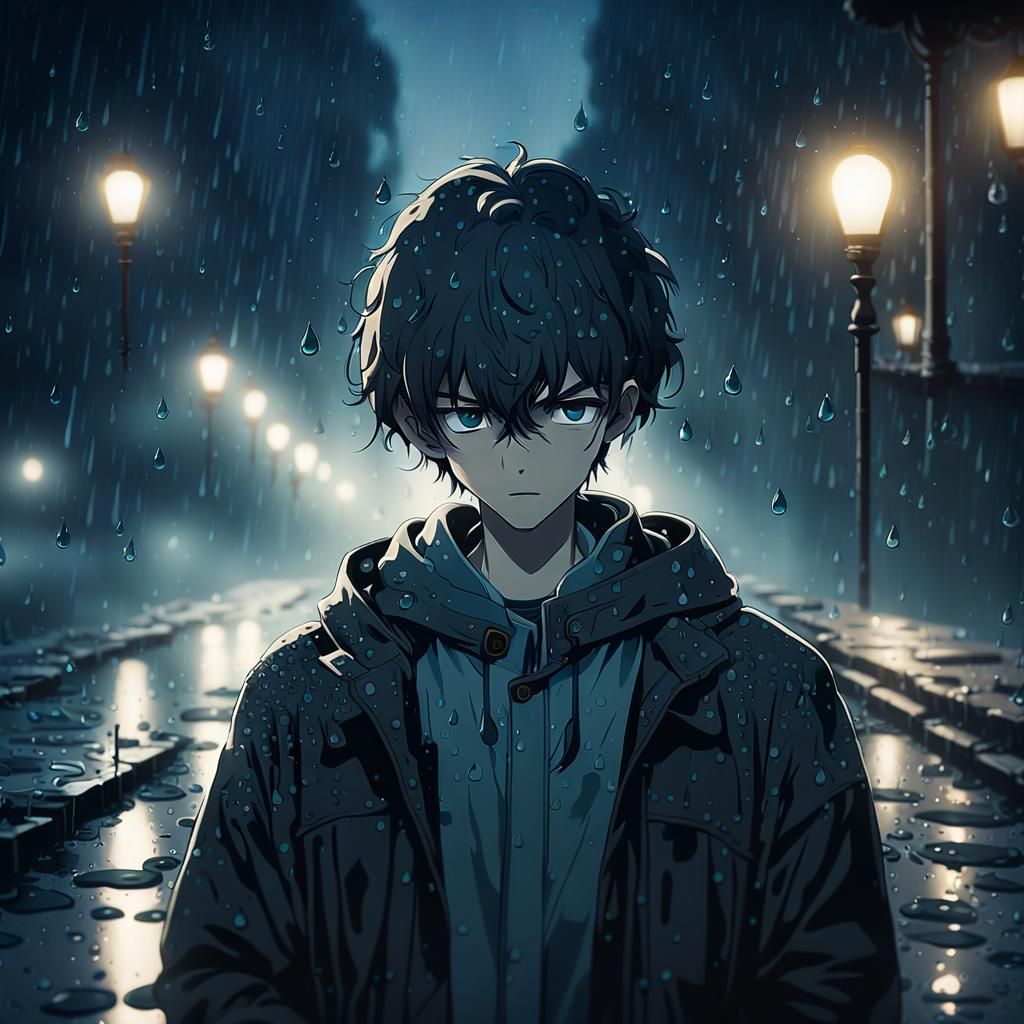 Melancholic Anime Boy in Rainy Cityscape