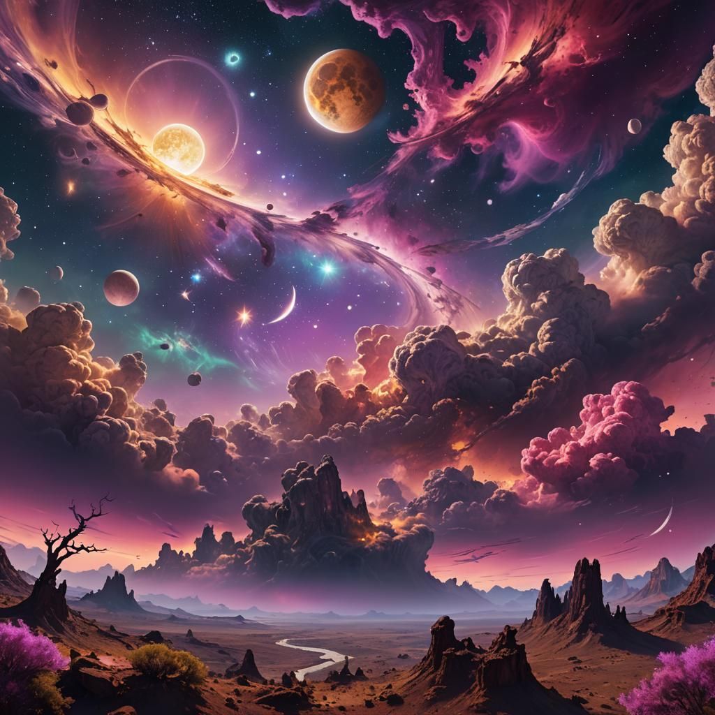 Surreal Sky with Five Moons in Ethereal Colors