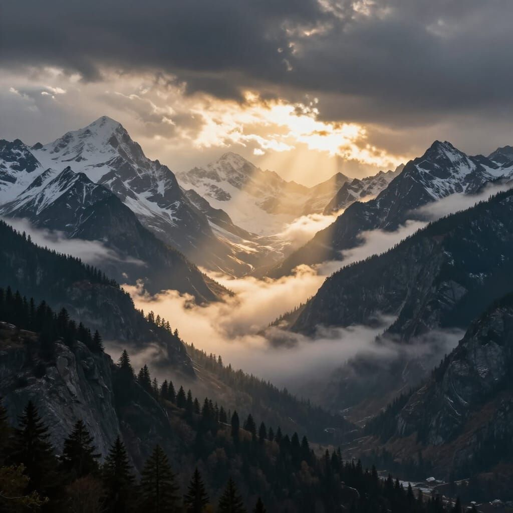 Majestic Snow-Capped Mountains Under Dramatic Sunlight