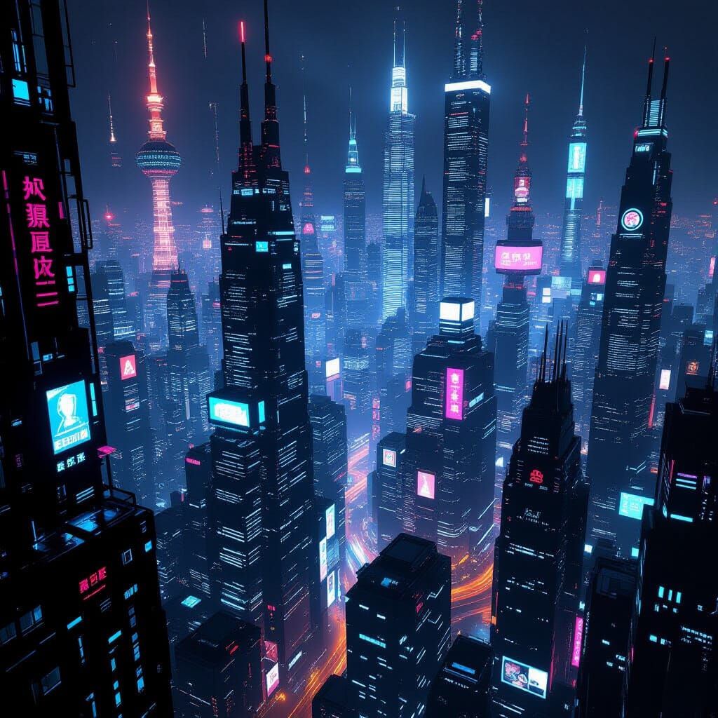 Top-Down View of Futuristic Cyberpunk Metropolis