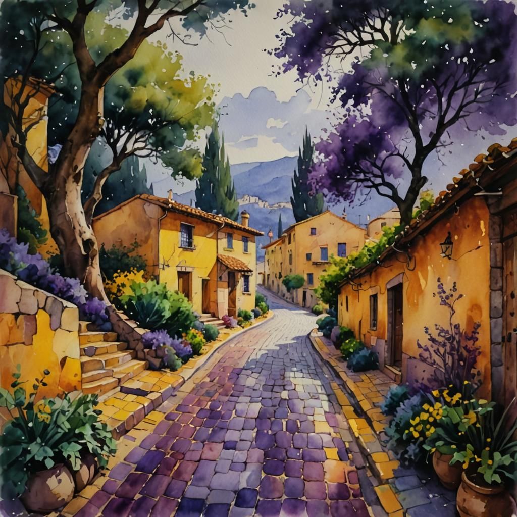 Tuscan Cobblestone Road in Watercolor Style