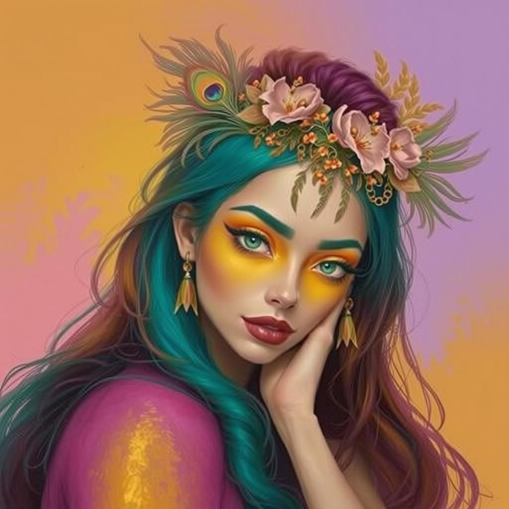 Woman with Peacock Feathers in Comic Book Style