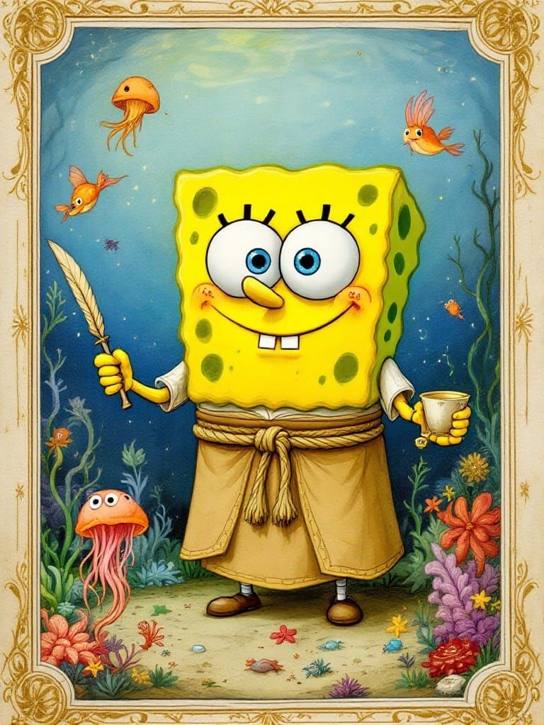 SpongeBob SquarePants as Medieval Monk in Codex Art
