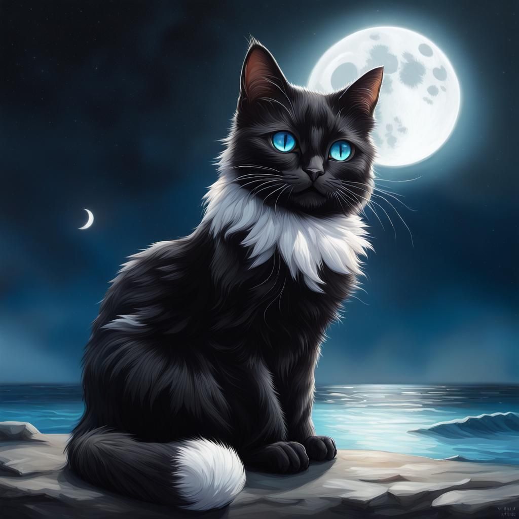 Hyperrealistic Black Cat with Star Marking in Midnight Sky